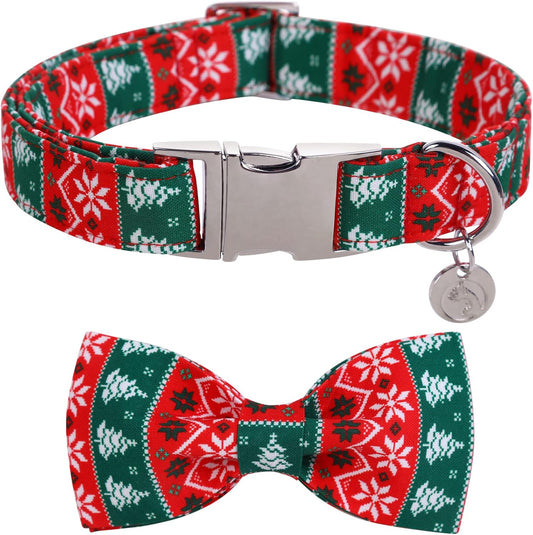 Christmas Dog Collar with Bow Tie, Red Green Strip Snowflake Dog Collar Soft Durable Adjustable Cotton Puppy Collar for Small Medium Large Dog