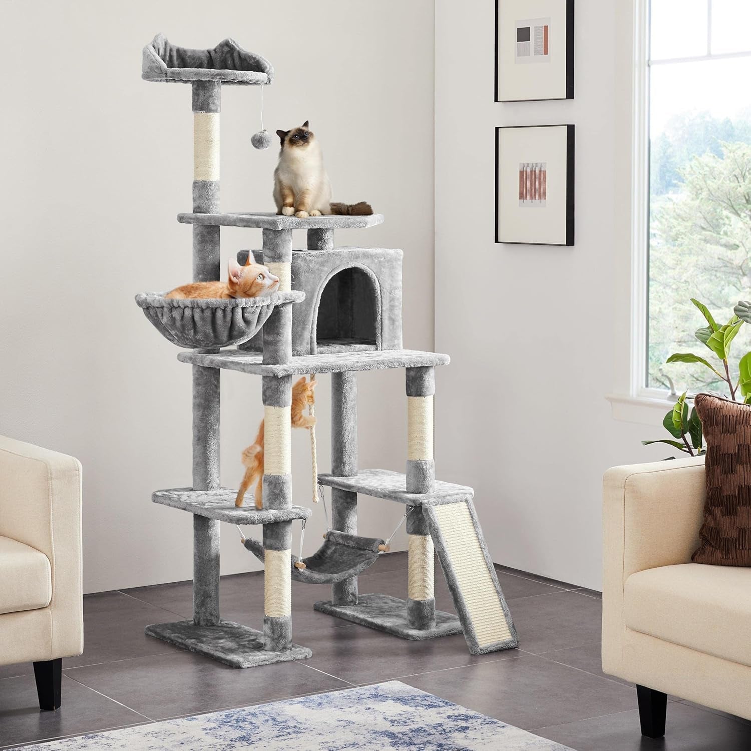 70 Inches Stable Cat Tree with Padded Platform, Replaceable Dangling Balls, Hammock, Basket and Condo, Cat Tower Furniture for Kittens, Cats and Pets