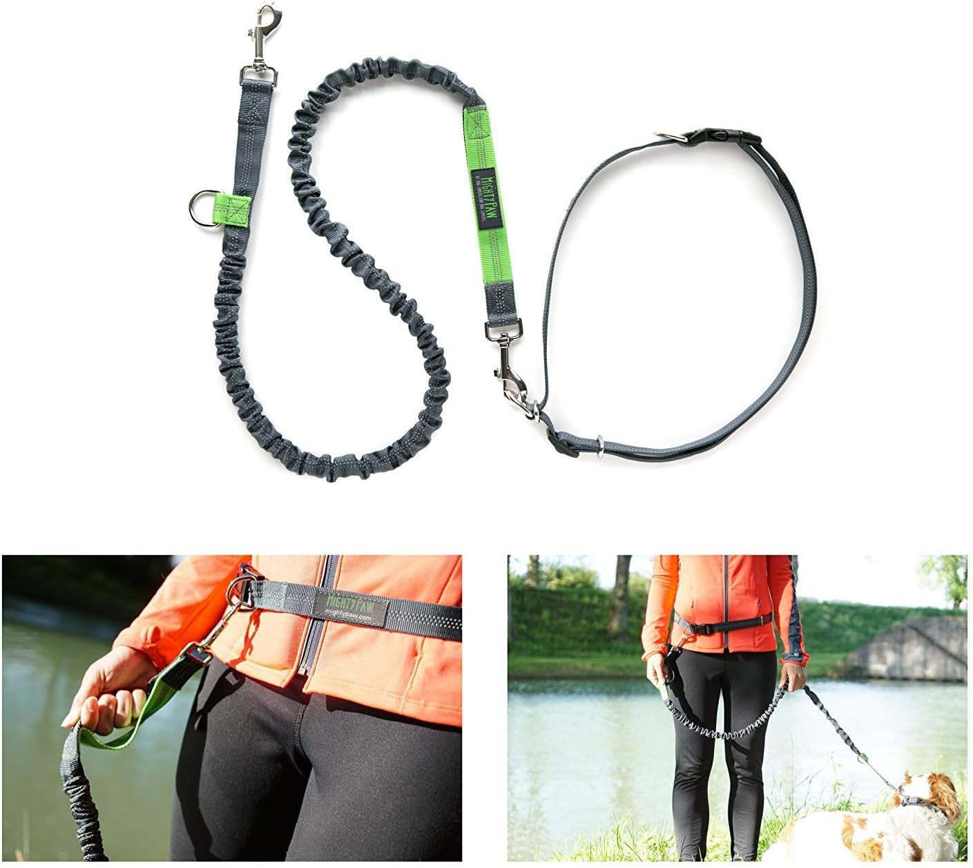 Hands Free Dog Leash | Bungee Waist Leash for Dog Walking. Pet Running Hands Free Tether for Large, Medium & Small Breeds. Pet Waist Belt (36" - 48") up to 150 Lbs - Gray